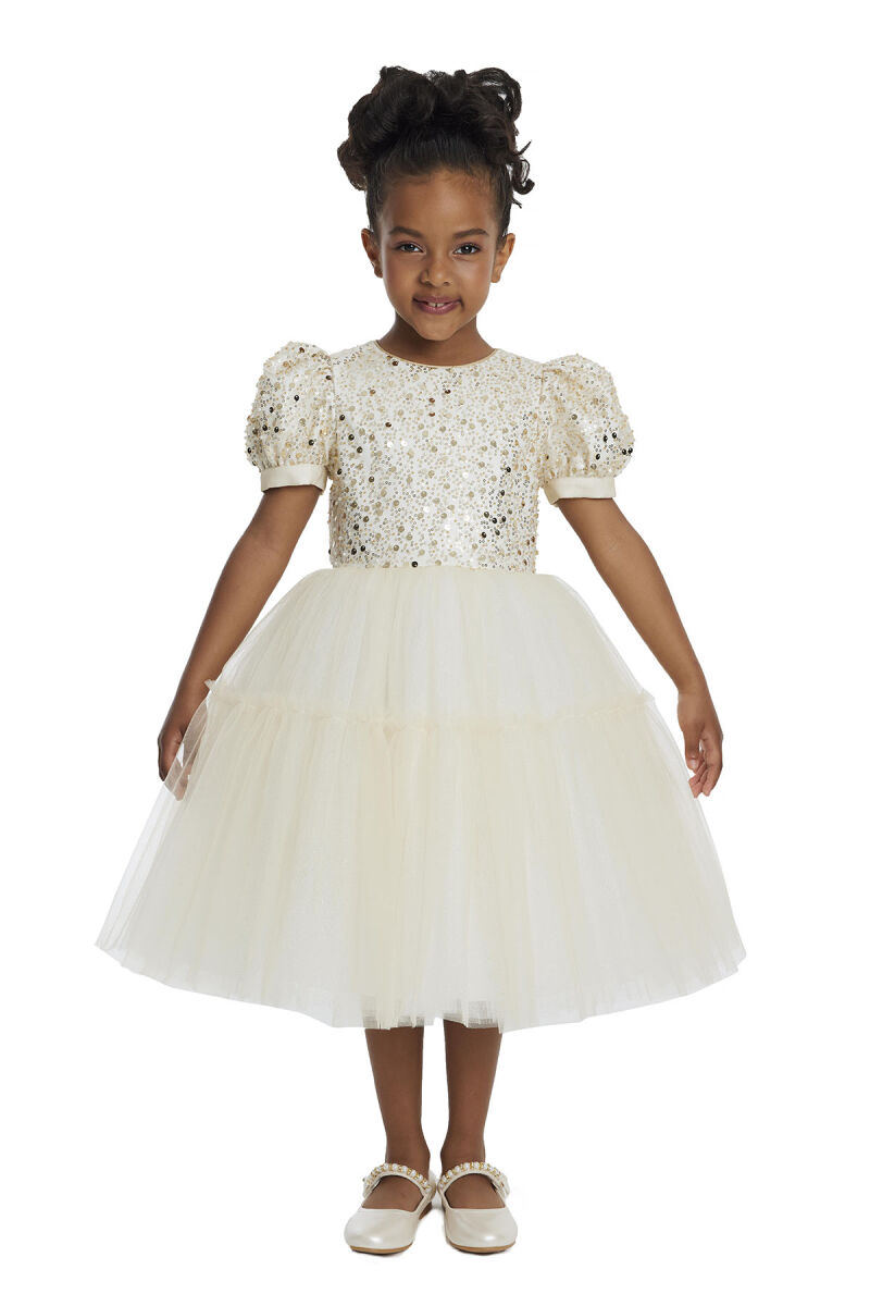 Gold Puff Sleeve Girl's Dress 3-7 AGE 34052PR - 1