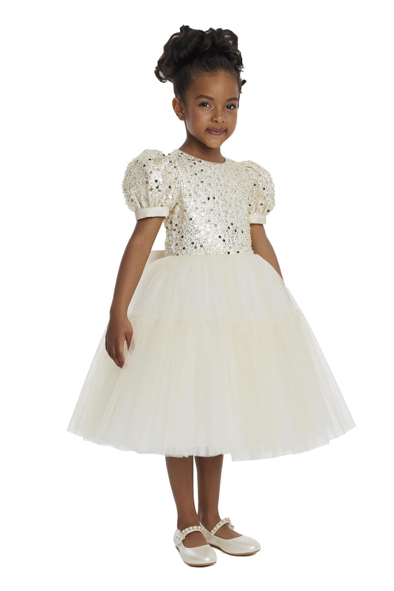 Gold Puff Sleeve Girl's Dress 3-7 AGE 34052PR - 2