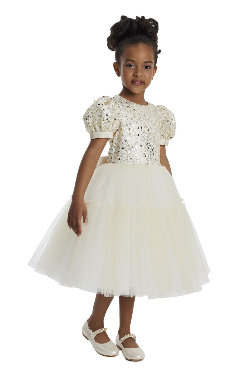 Gold Puff Sleeve Girl's Dress 3-7 AGE 34052PR - 3