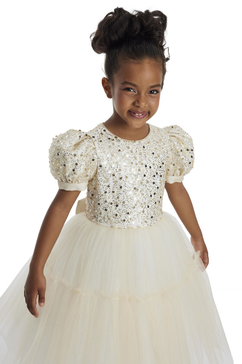 Gold Puff Sleeve Girl's Dress 3-7 AGE 34052PR - 4
