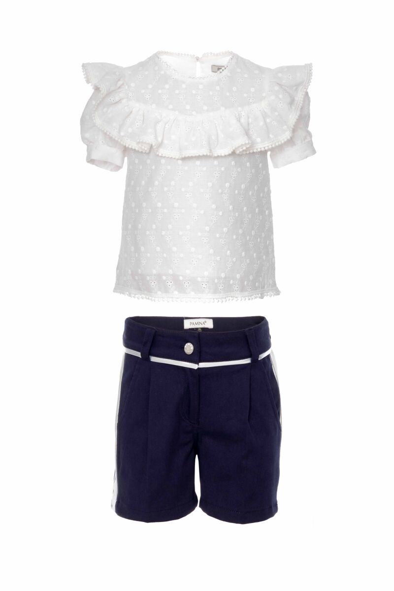 Navy Girl Frill Detailed Embroidered Fabric Suit With Blouse And Shorts 2-6 AGE 310304CA - 1