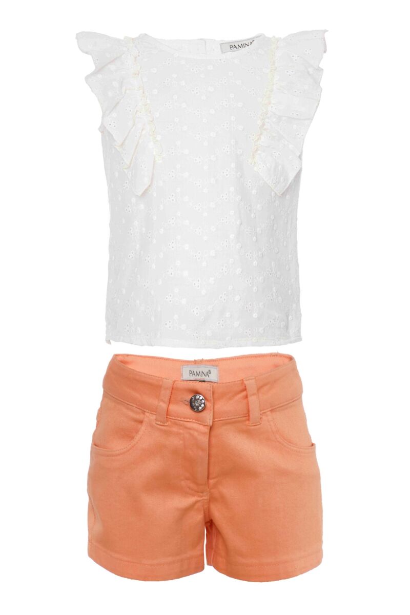 Orange Baby Girl Suit With A Frill Detailed Brode Blouse And Denim Shorts 9-36 MONTH 311103CA - 1