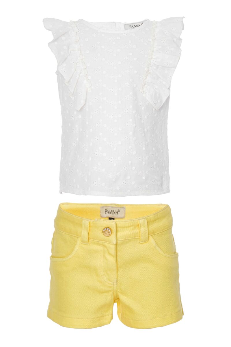 Yellow Baby Girl Suit With A Frill Detailed Brode Blouse And Denim Shorts 9-36 MONTH 311103CA - 1