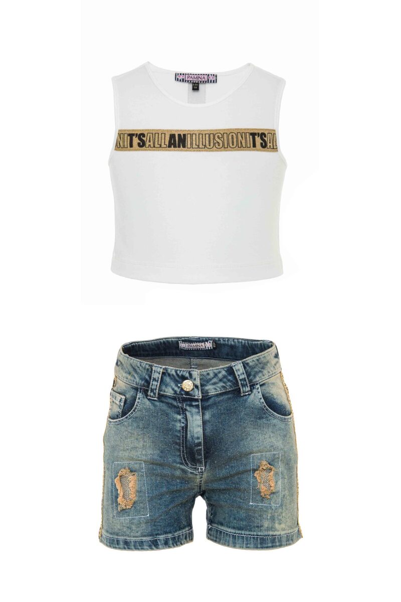 Navy Girl T-Shirt And Suit With Denim Shorts 8-12 AGE 312607CA - 1