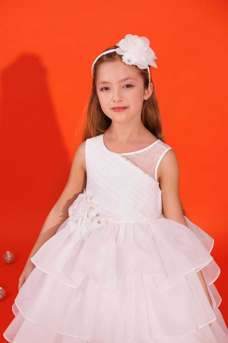 Ecru Bow Dress with Bolero and Hair Accessory (3-7 Age) 3-7 AGE 35219PR - 3