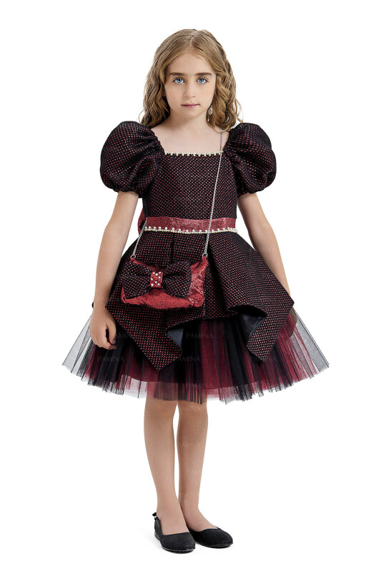 Burgundy Square-Collared Dress 4-8 AGE 33019PR - 2