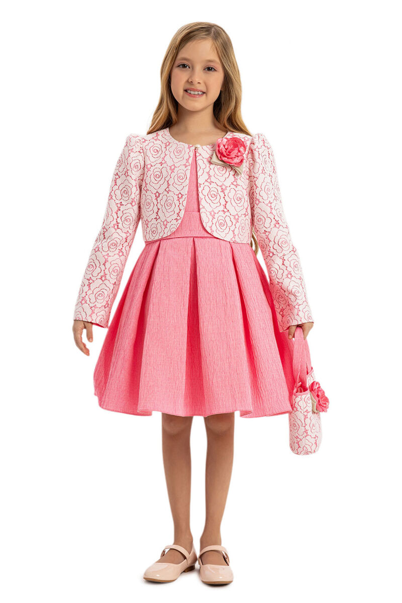 Pink Dress with Lace Bolero and Matching Bag 3-7 AGE 35330PR - 3