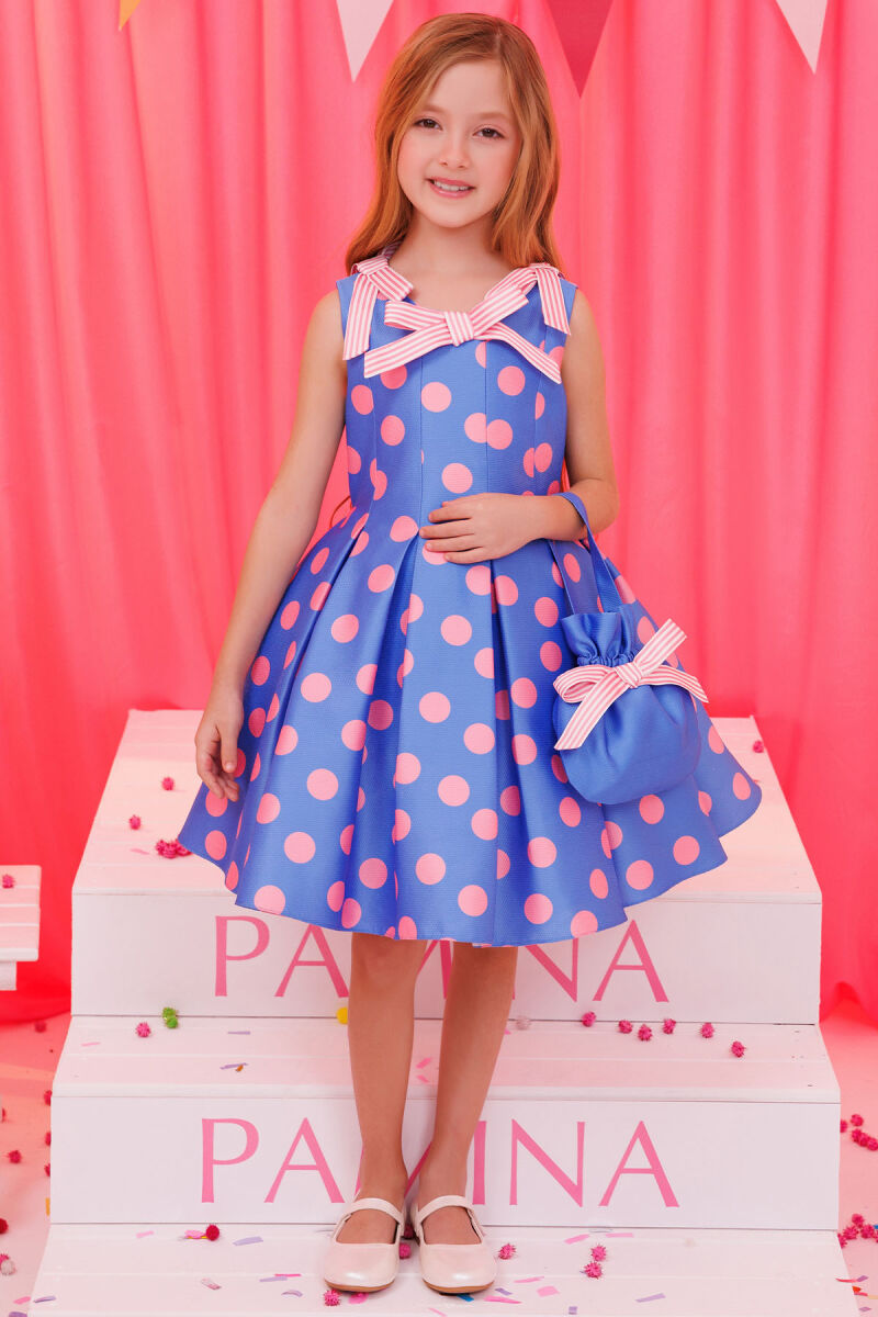Blue Polka Dot Dress with Matching Bag 3-7 AGE 35316PR - 1