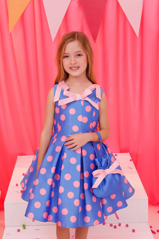 Blue Polka Dot Dress with Matching Bag 3-7 AGE 35316PR - 2