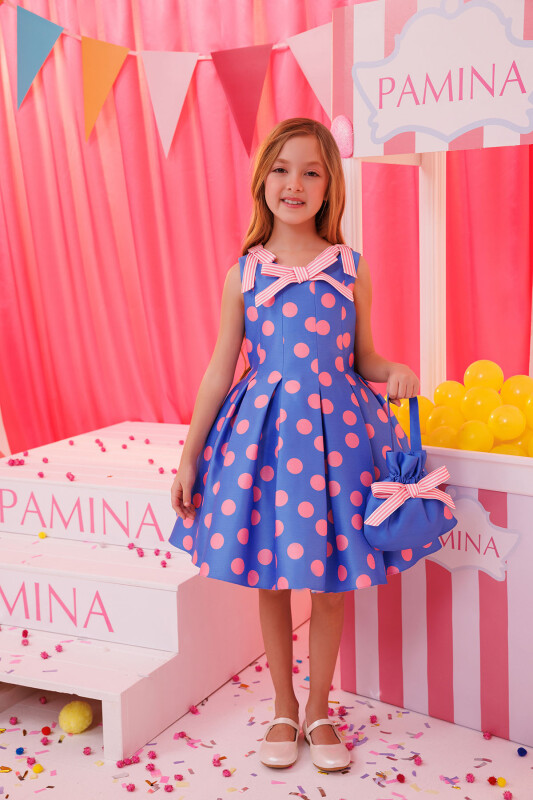 Blue Polka Dot Dress with Matching Bag 3-7 AGE 35316PR - 3