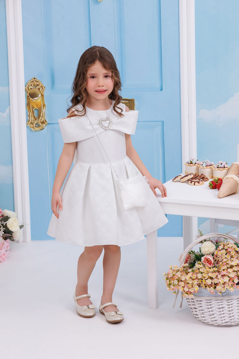 Ecru Heart Pattern Dress with Matching Bag 3-7 AGE 35140PR - 1