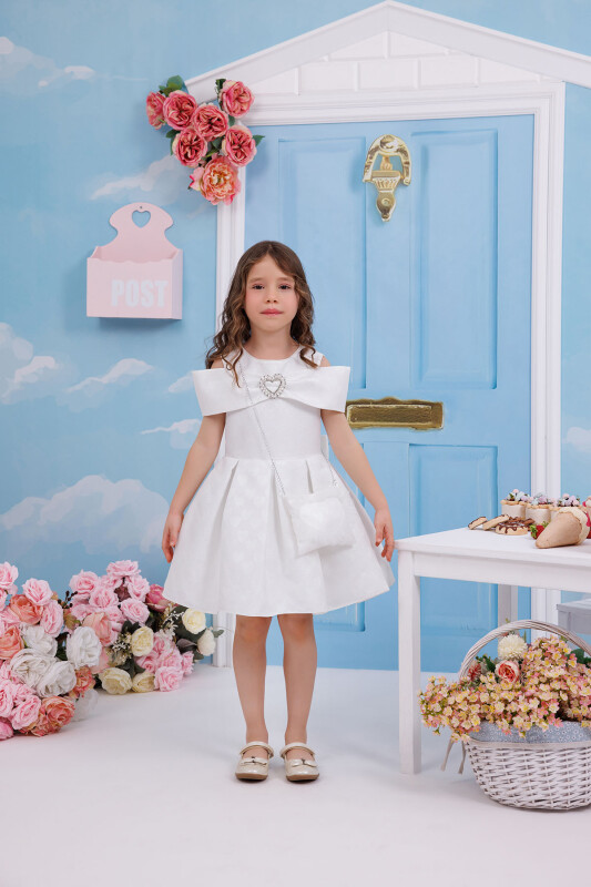 Ecru Heart Pattern Dress with Matching Bag 3-7 AGE 35140PR - 2