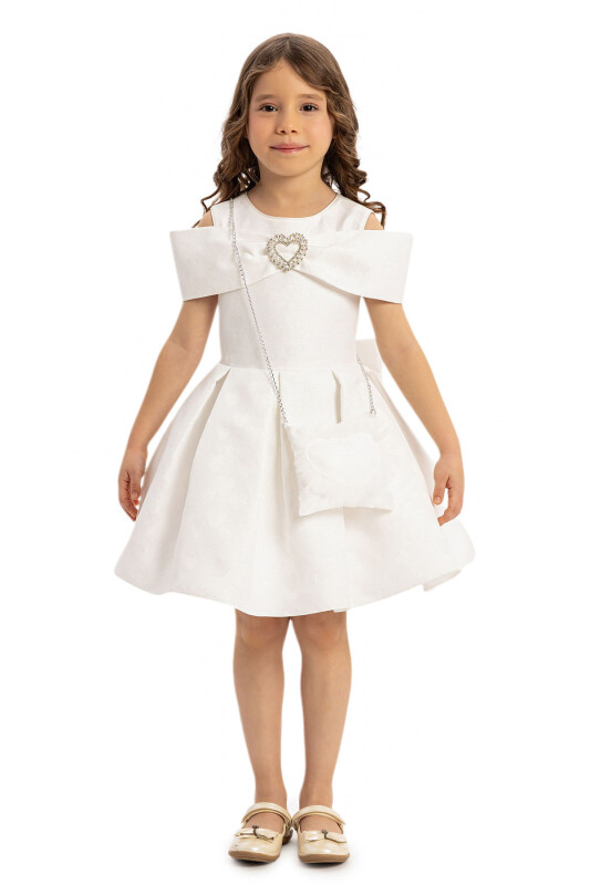 Ecru Heart Pattern Dress with Matching Bag 3-7 AGE 35140PR - 3