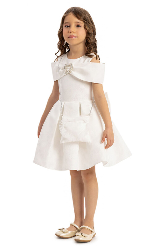 Ecru Heart Pattern Dress with Matching Bag 3-7 AGE 35140PR - 4