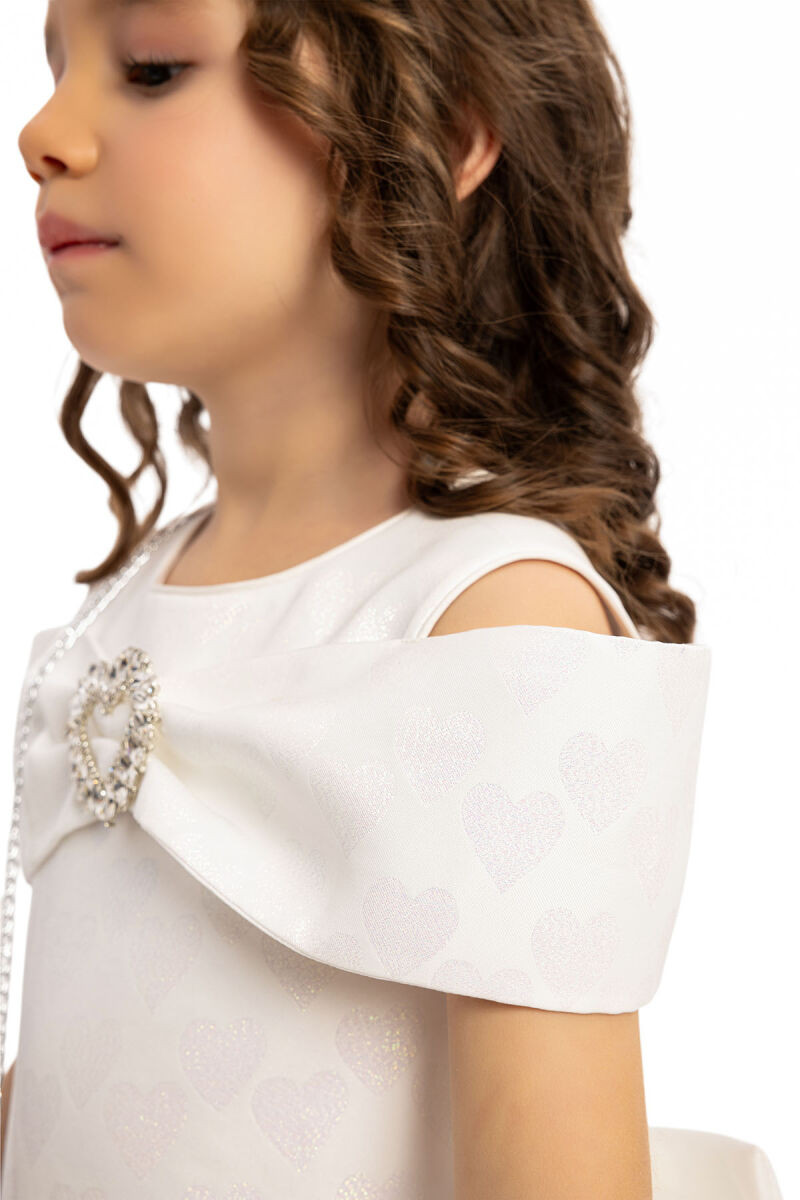 Ecru Heart Pattern Dress with Matching Bag 3-7 AGE 35140PR - 6
