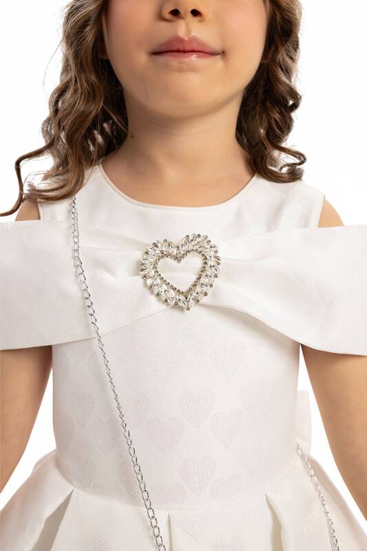 Ecru Heart Pattern Dress with Matching Bag 3-7 AGE 35140PR - 7