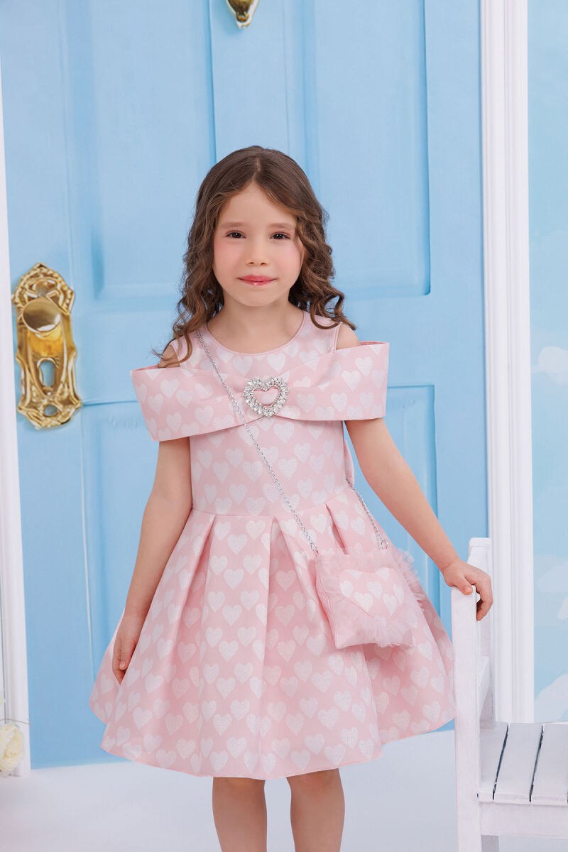 Powder Heart Pattern Dress with Matching Bag 3-7 AGE 35140PR - 1