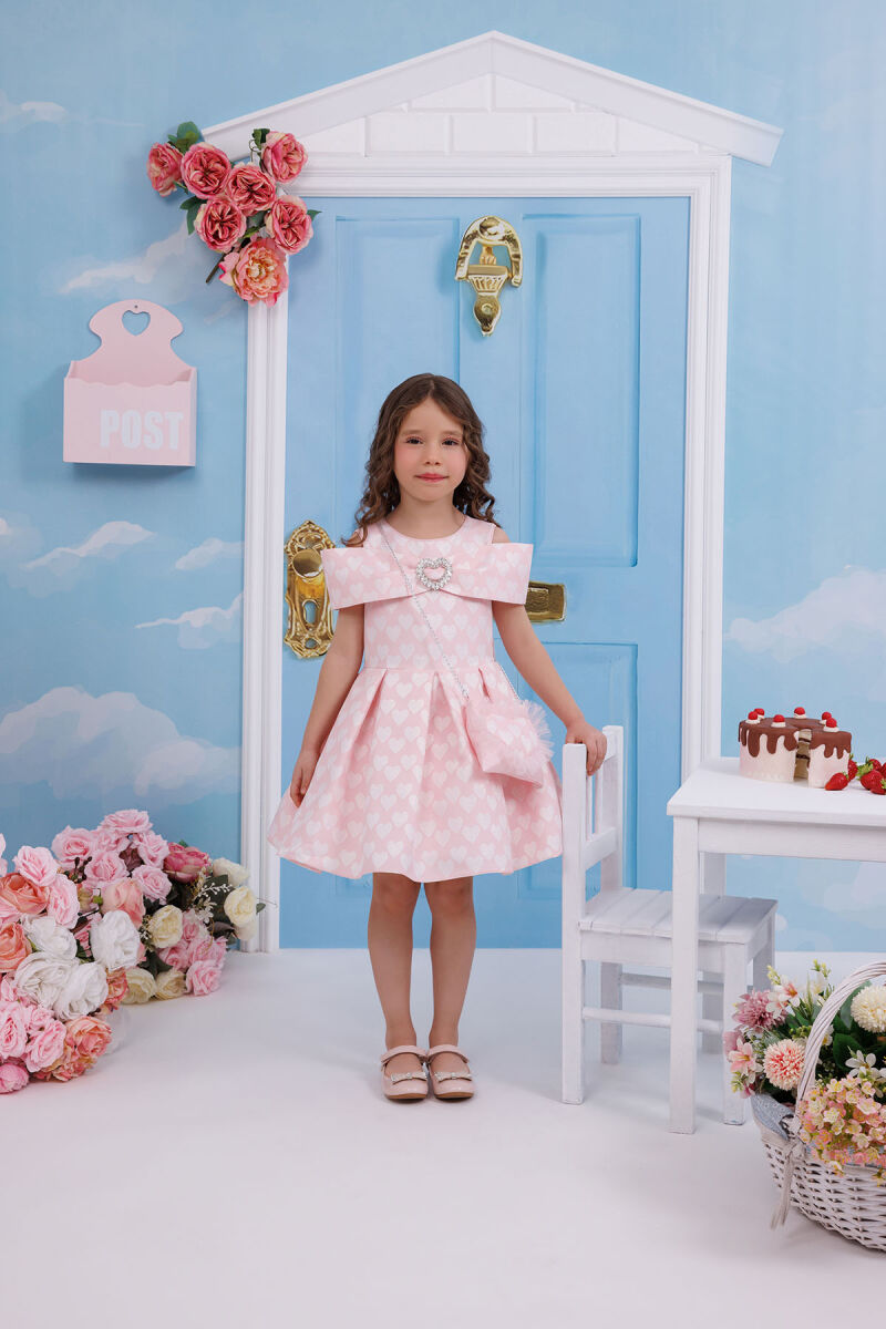 Powder Heart Pattern Dress with Matching Bag 3-7 AGE 35140PR - 2