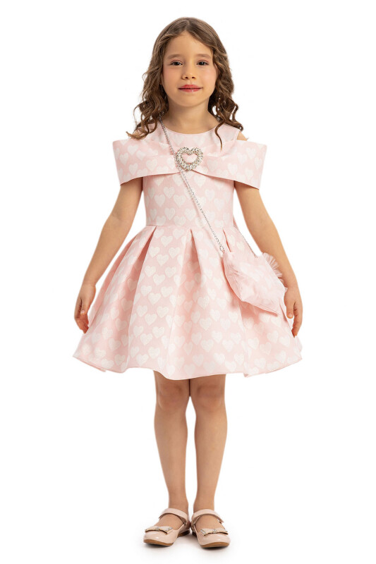 Powder Heart Pattern Dress with Matching Bag 3-7 AGE 35140PR - 3