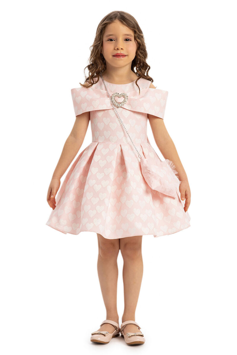 Powder Heart Pattern Dress with Matching Bag 3-7 AGE 35140PR - 3