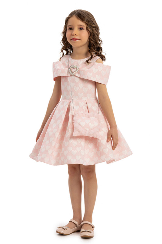 Powder Heart Pattern Dress with Matching Bag 3-7 AGE 35140PR - 4