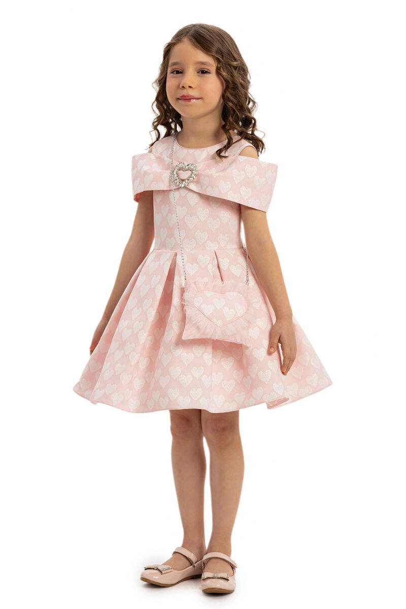 Powder Heart Pattern Dress with Matching Bag 3-7 AGE 35140PR - 4