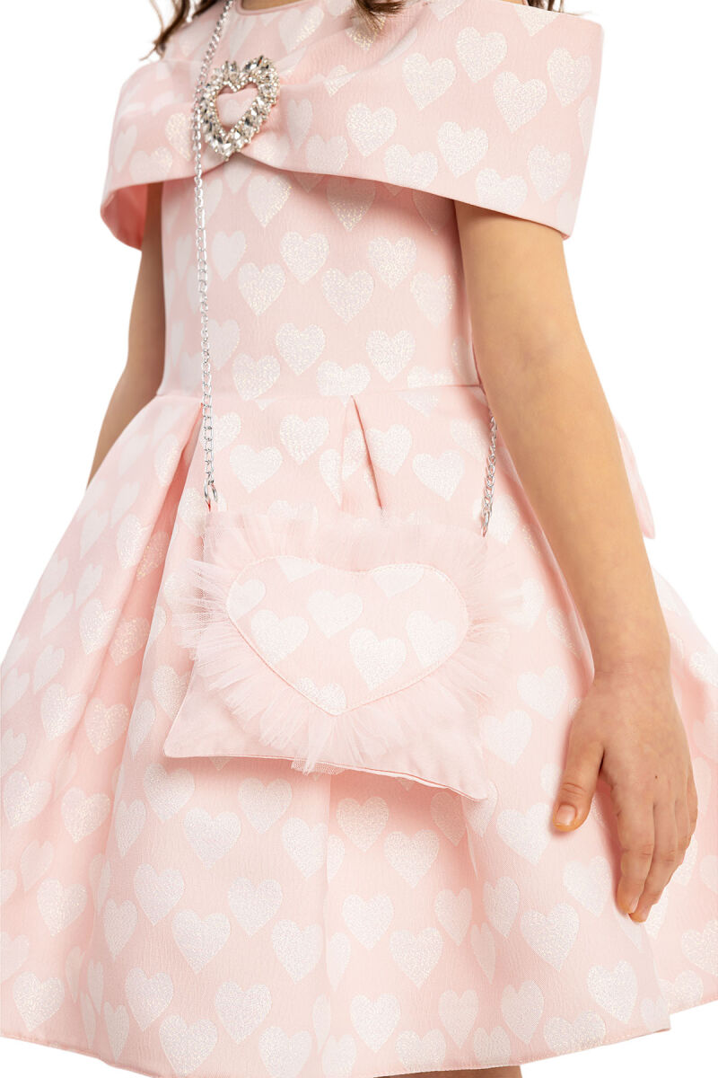 Powder Heart Pattern Dress with Matching Bag 3-7 AGE 35140PR - 5