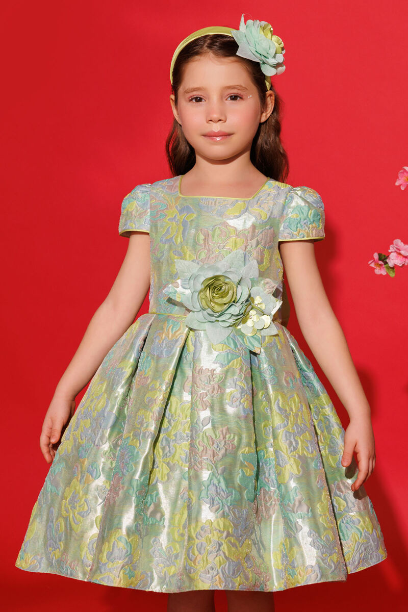 Green Floral Dress with Hair Accessory 3-7 AGE 35417PR - 1