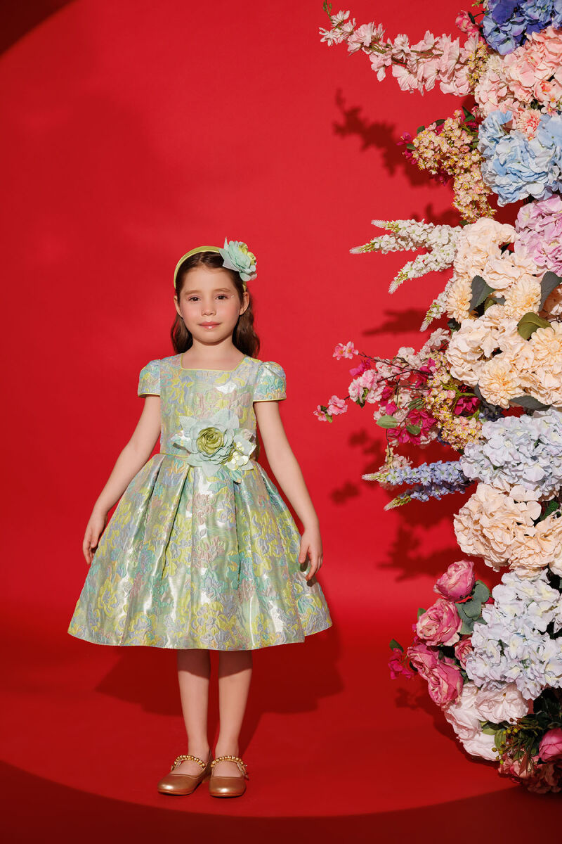 Green Floral Dress with Hair Accessory 3-7 AGE 35417PR - 2