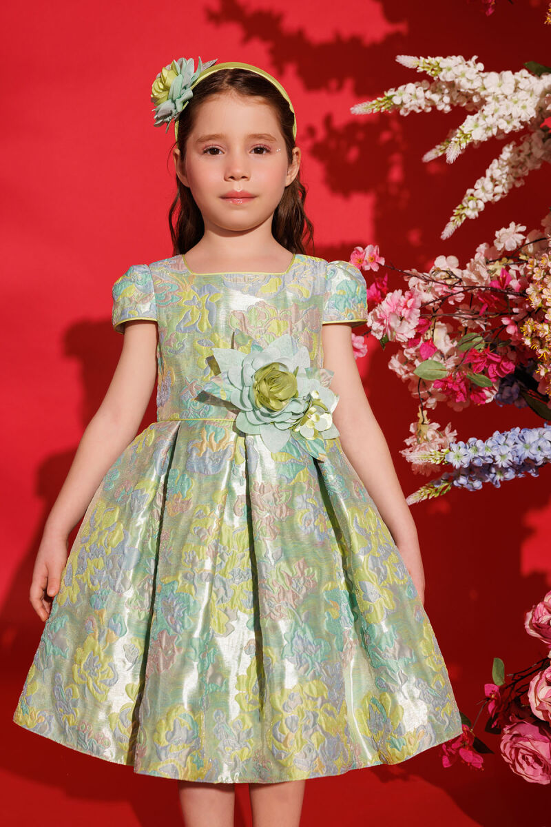 Green Floral Dress with Hair Accessory 3-7 AGE 35417PR - 3