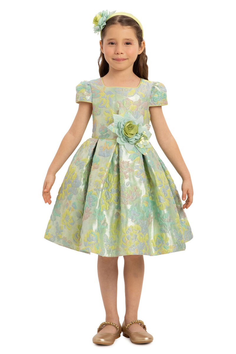 Green Floral Dress with Hair Accessory 3-7 AGE 35417PR - 4