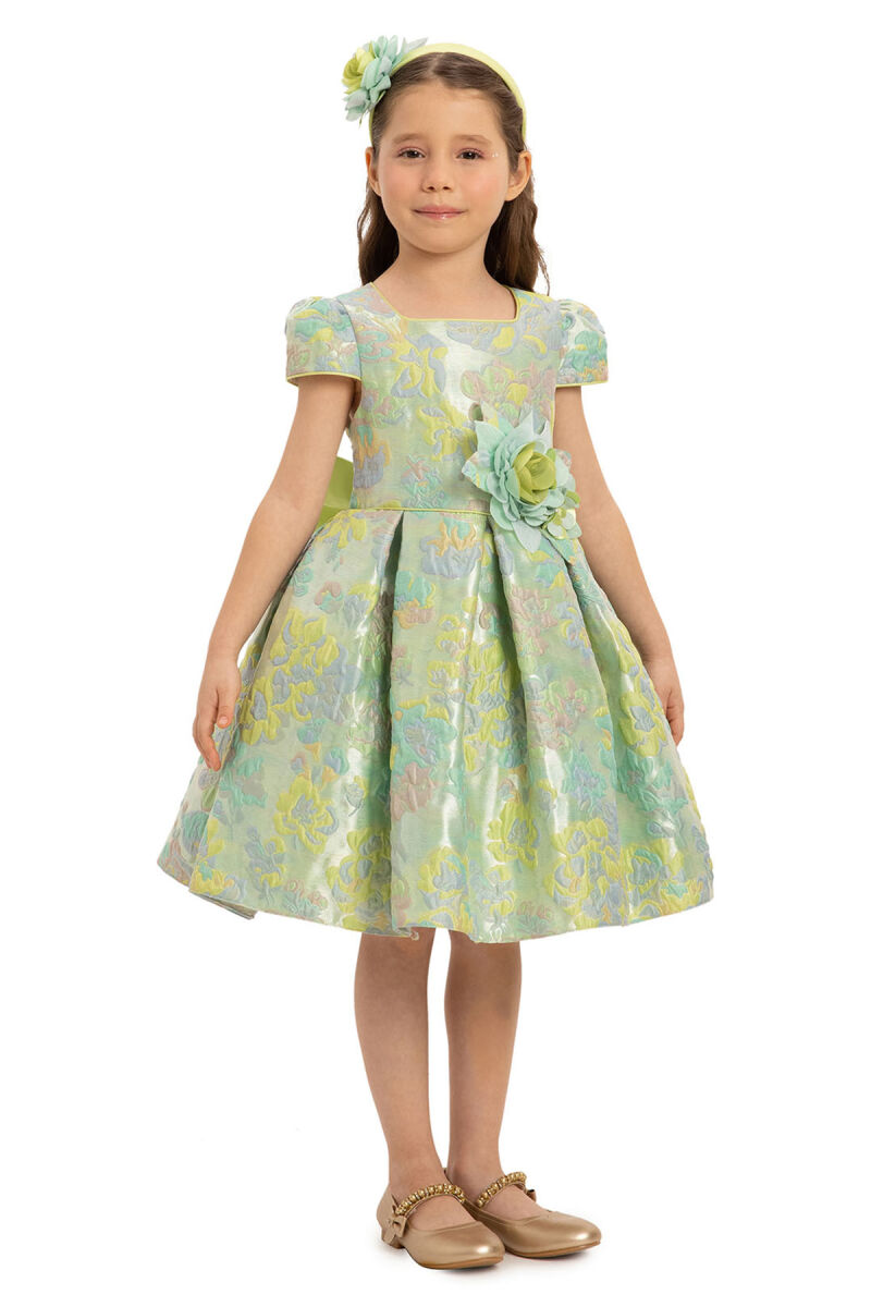 Green Floral Dress with Hair Accessory 3-7 AGE 35417PR - 5