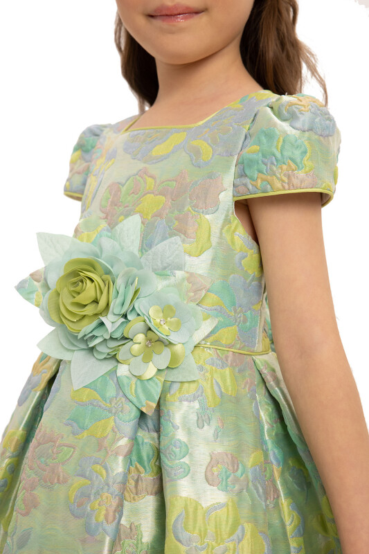 Green Floral Dress with Hair Accessory 3-7 AGE 35417PR - 6