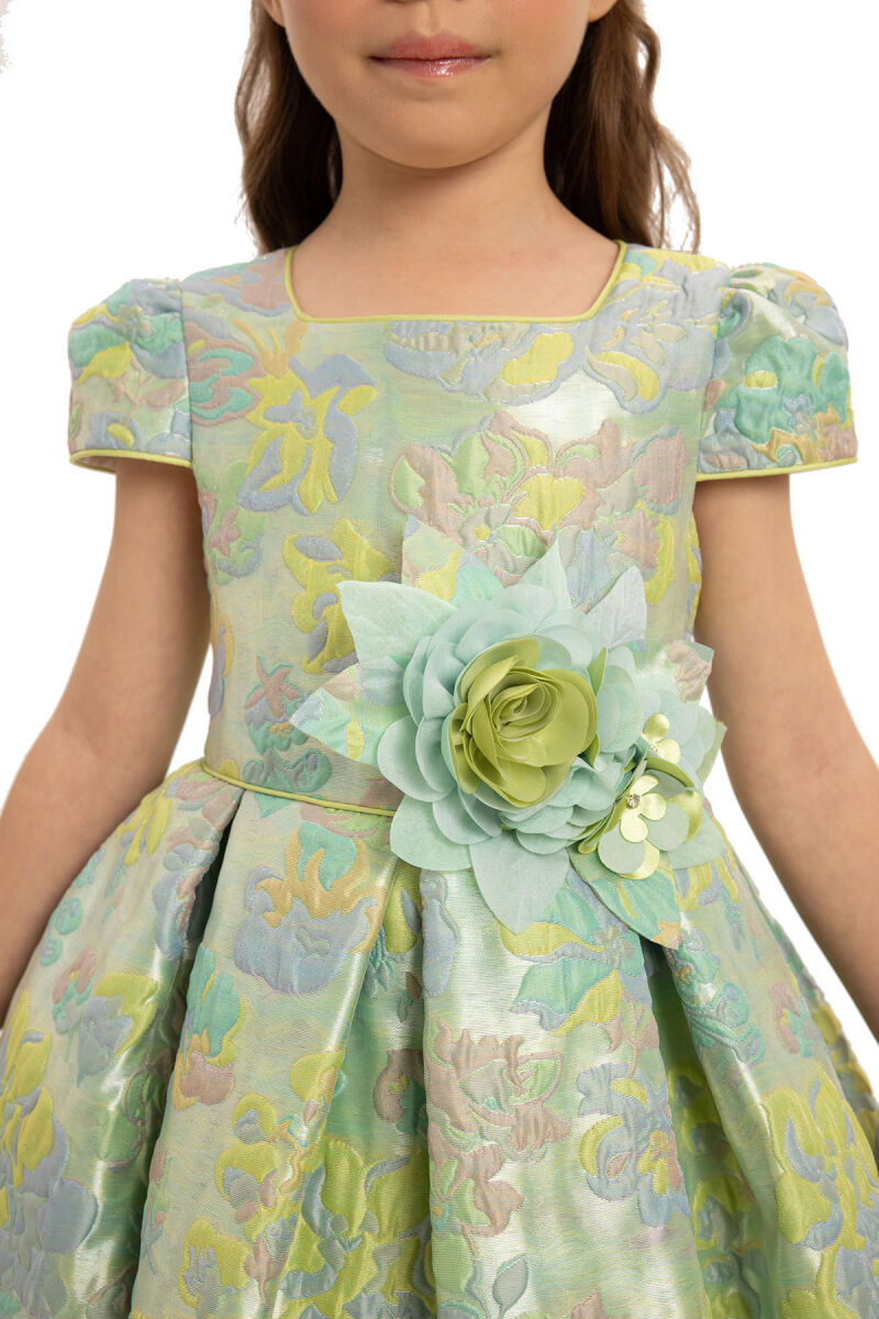Green Floral Dress with Hair Accessory 3-7 AGE 35417PR - 8