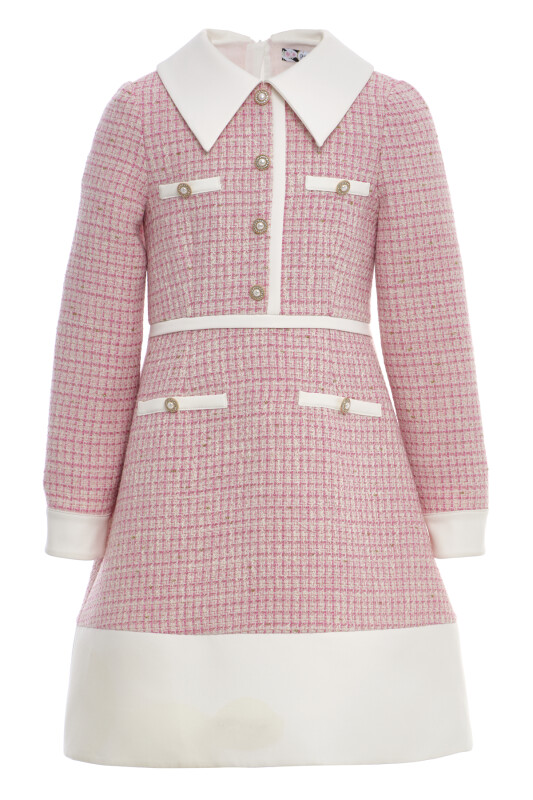 Pink Girls Classic Tweed Dress with Decorative Buttons and Satin Collar (8–15 Age) 8-15 AGE 36393PR - Clothes (1)