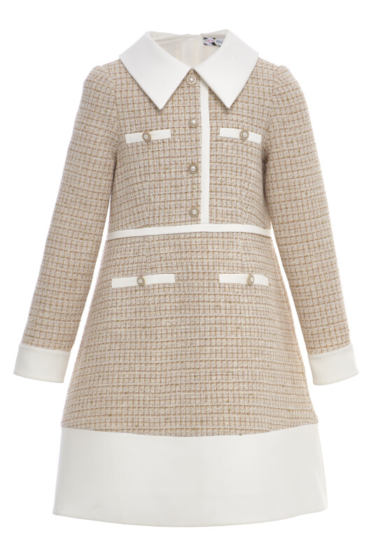 Beige Girls Classic Tweed Dress with Decorative Buttons and Satin Collar (8–15 Age) 8-15 AGE 36393PR - Clothes (1)