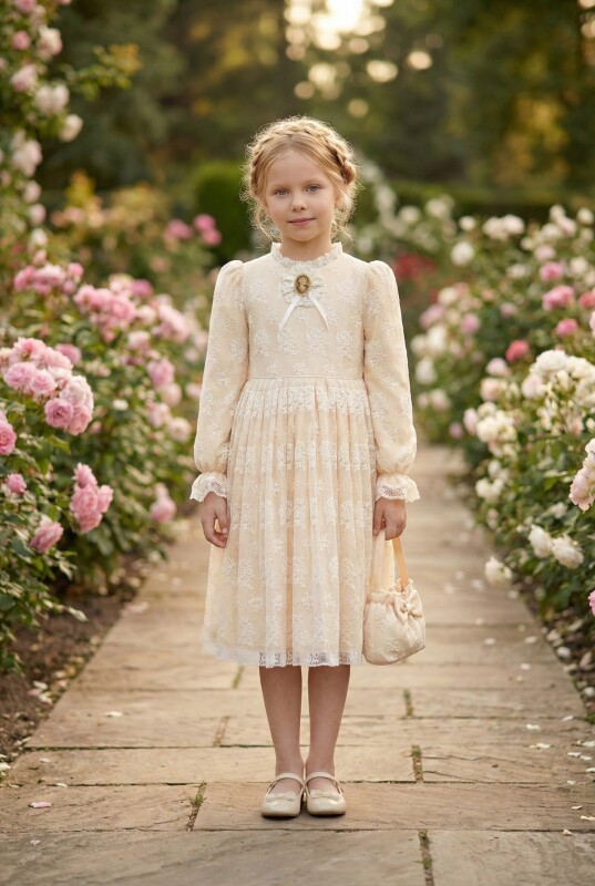 Beige Girls Classic Lace Dress with Bag (3–7 Age) 3-7 AGE 36311PR - Clothes