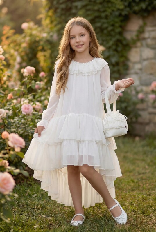 Ecru Girls Ruffle Chiffon Dres with Bag 3-7 AGE 36263PR 