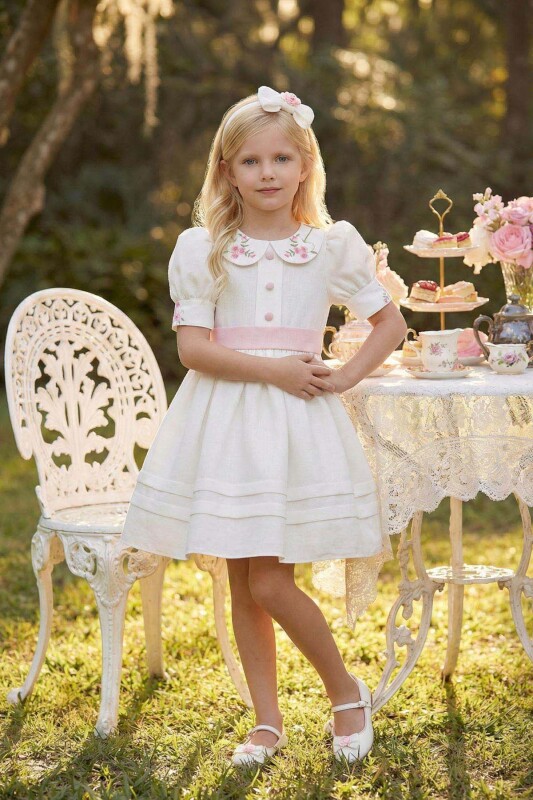Ecru Girls Elegant Embroidered Collar Dress with Headband 3-7 AGE 36394PR - Clothes