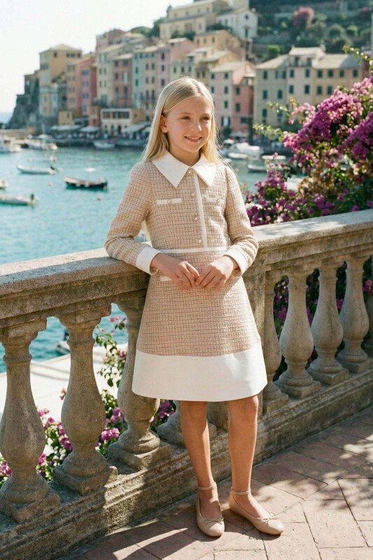 Beige Girls Classic Tweed Dress with Decorative Buttons and Satin Collar 8-15 AGE 36393PR - Clothes