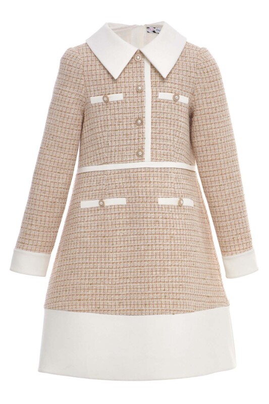 Beige Girls Classic Tweed Dress with Decorative Buttons and Satin Collar 8-15 AGE 36393PR - Clothes (1)