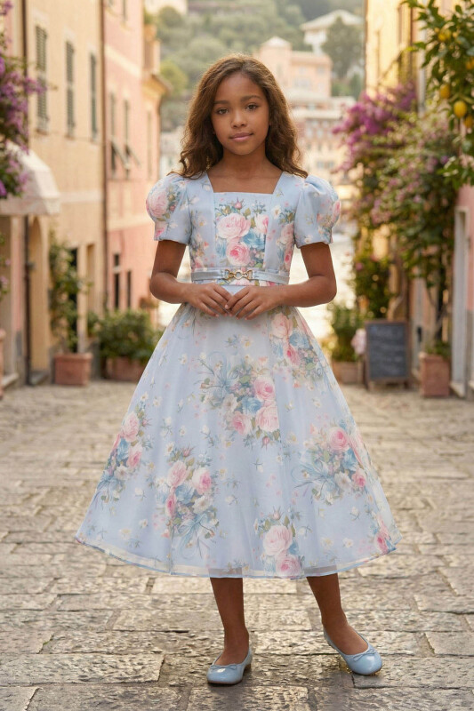 Blue Girls Floral Organza Belted Dress 8-15 AGE 36215PR - Clothes