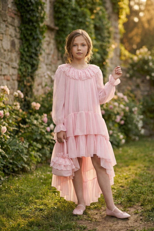 Powder Girls Layered Ruffle Chiffon Dress with Matching Bag 8-15 AGE 36159PR - Clothes