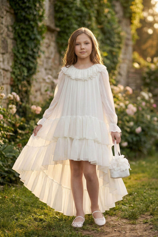 Ecru Girls Layered Ruffle Chiffon Dress with Matching Bag 8-15 AGE 36159PR 
