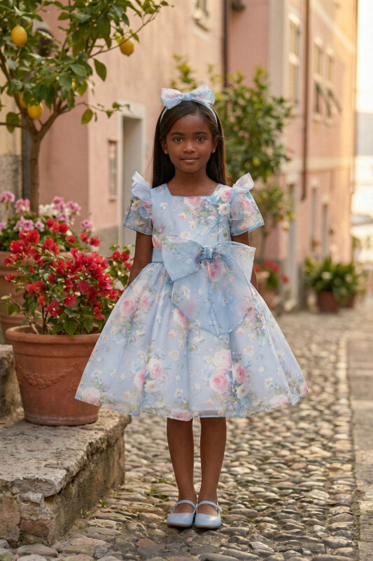 Blue Girls Floral Organza Dress & Headband 3-7 AGE 36200PR 