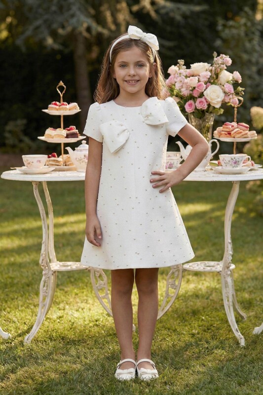Ecru Girls Bow Dress & Headband 3-7 AGE 36189PR 