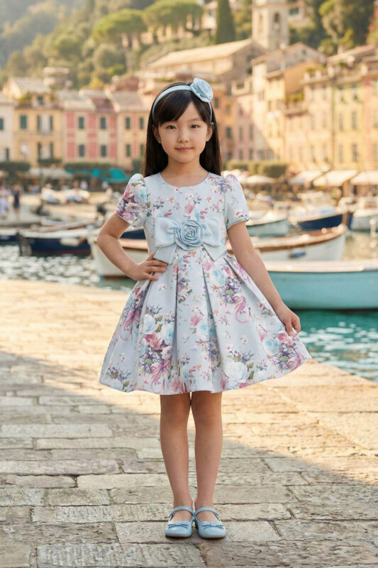 Blue Girls Bloom Print Dress & Headband 3-7 AGE 36195PR 