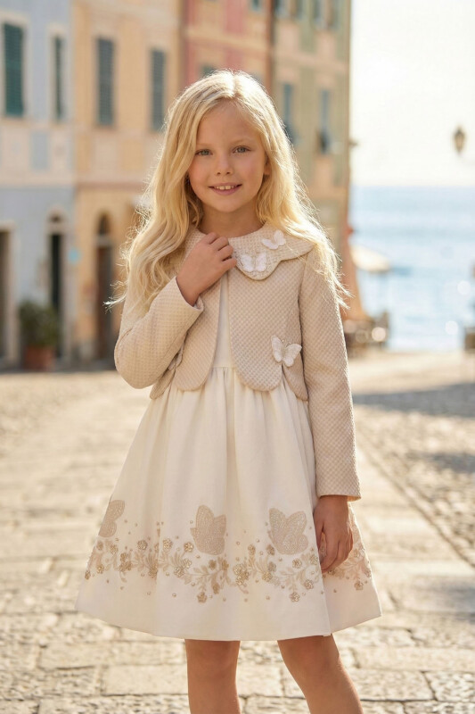 Beige Girls Butterfly Dress & Jacket Set 3-7 AGE 36307PR - Clothes