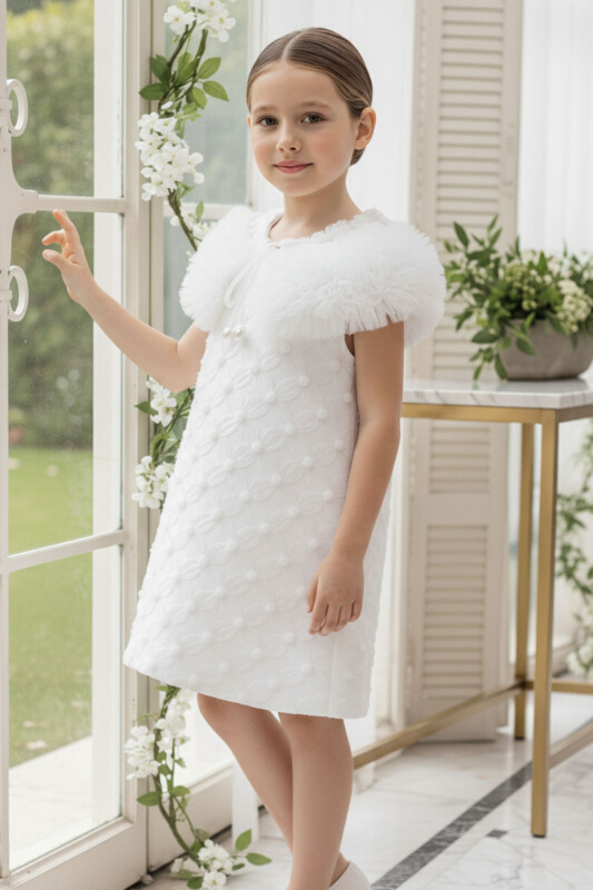 Ecru Girls Dress with Textured Tulle Cape 3-7 AGE 36106PR 
