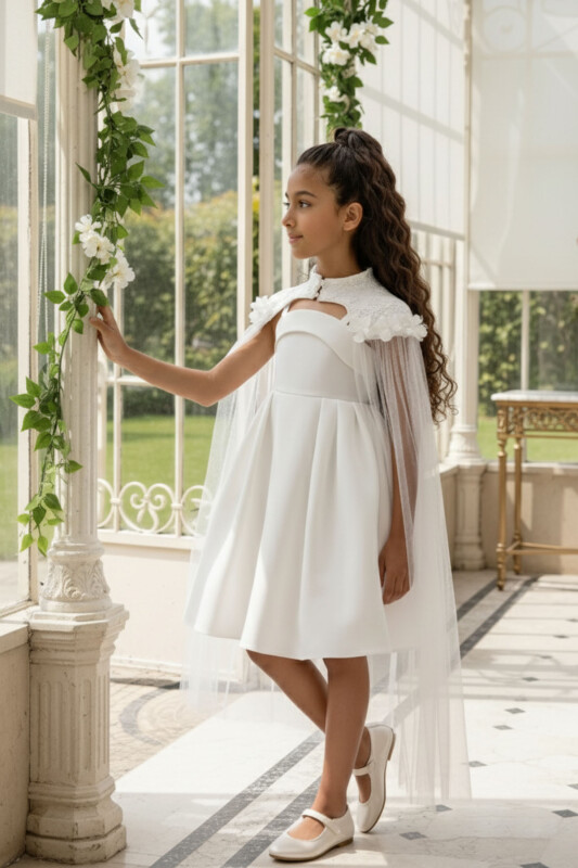 Ecru Girls Dress with Embroidered Cape 3-7 AGE 36094PR - Clothes